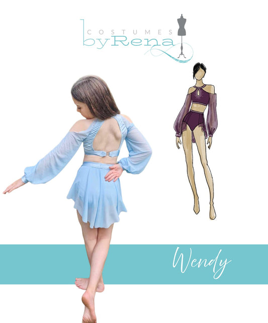 Dancer wearing a light blue outfit with sheer sleeves and skirt, standing next to a design sketch of the same outfit.